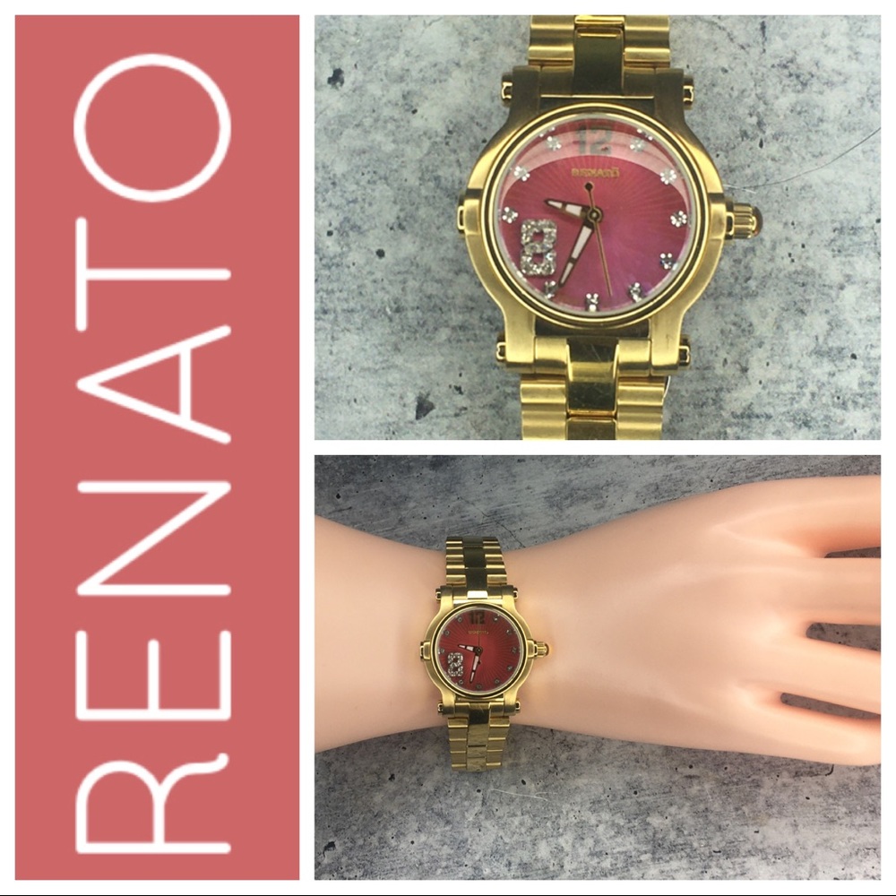 Renato Goldtone Diamond Bracelet Watch Rose Face